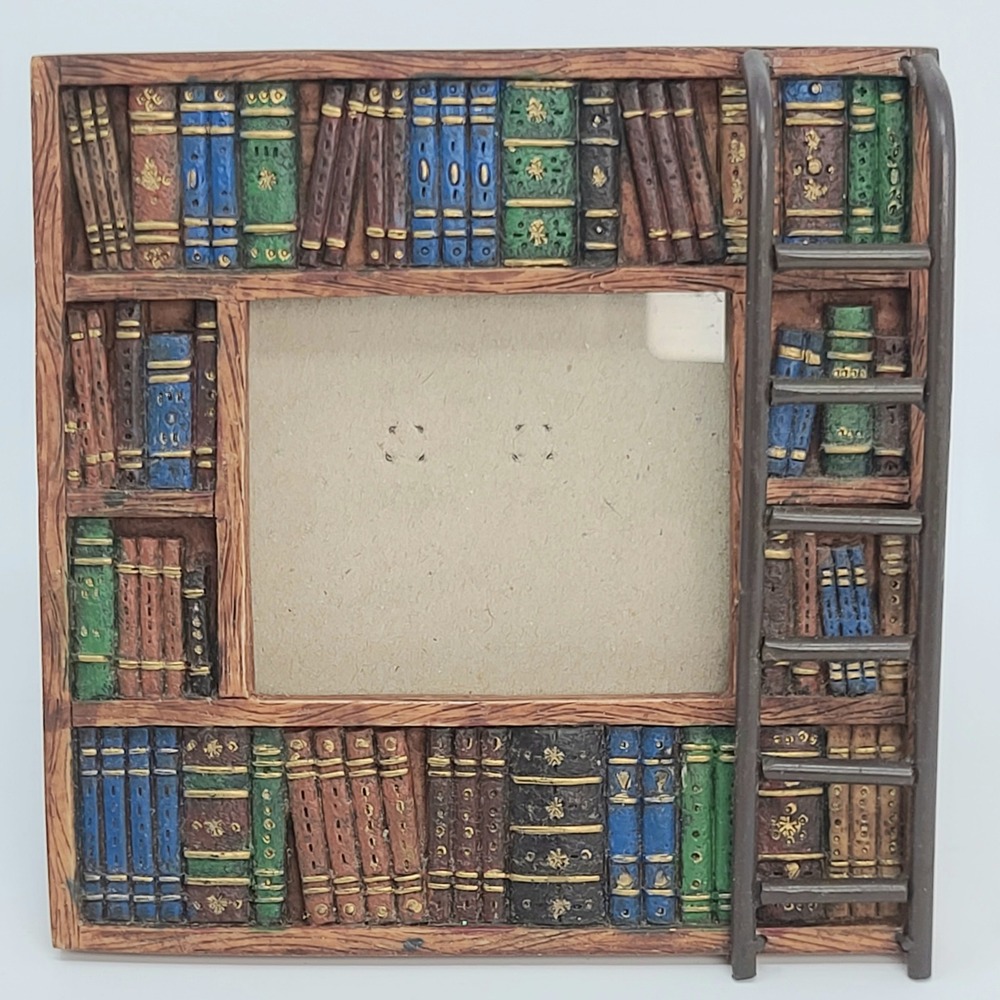 Russ Berrie Bookshelf Library Picture Frame Handpainted Square Brown 5in x 5in